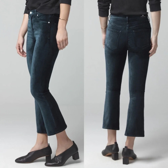 Citizens Of Humanity Demy Cropped Velvet Flare Pant Midnight Green Plush 29 - Picture 1 of 13